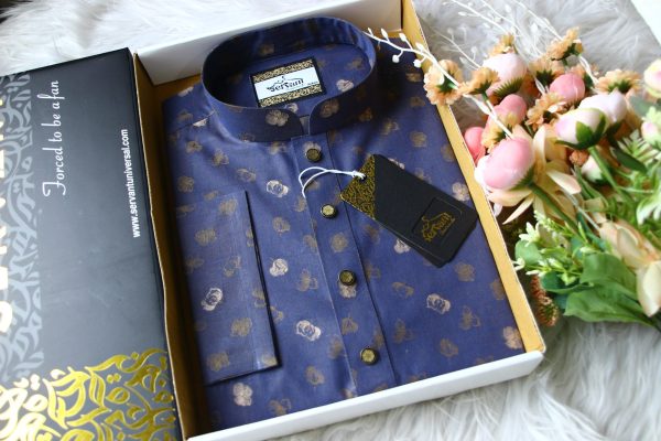 Luxury Indigo Blue Jacquard Cotton Punjabi 