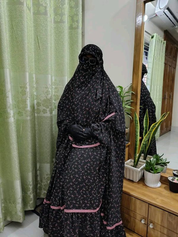 Black Khimar with Pink Lays Work