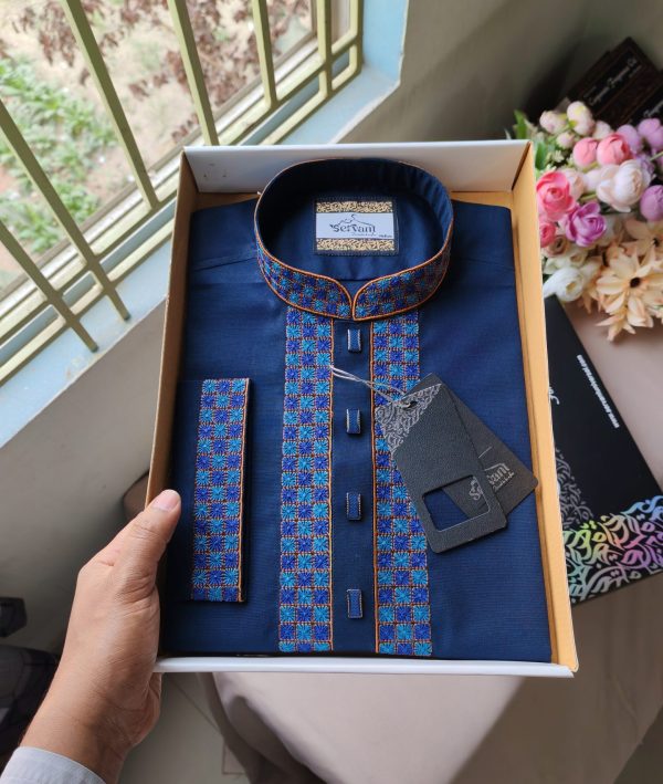 Midnight Blue Embroidery Signature Panjabi – Elite Edition
