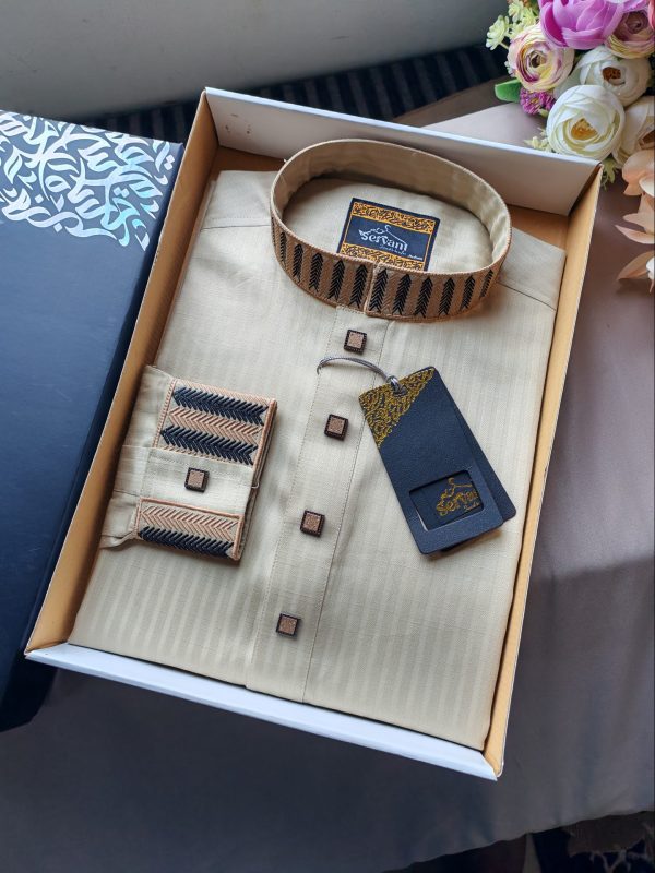 Cream Color Stripe Embroidery Cuff Panjabi