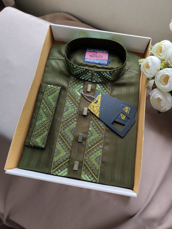 Dark Olive Embroidery & Sequence design Premium Panjabi