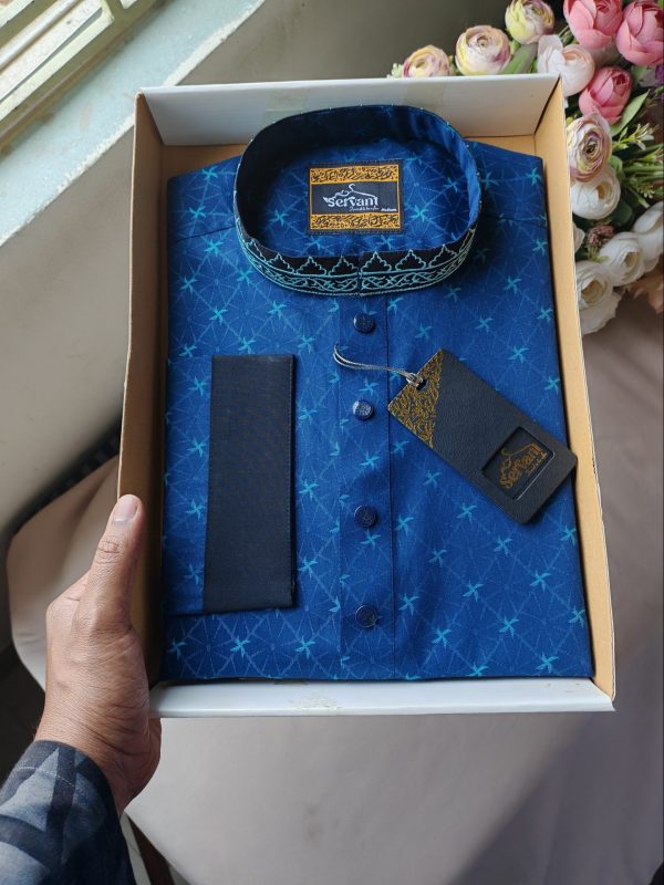 Admiral Blue Jacquard Cotton Contrast Panjabi