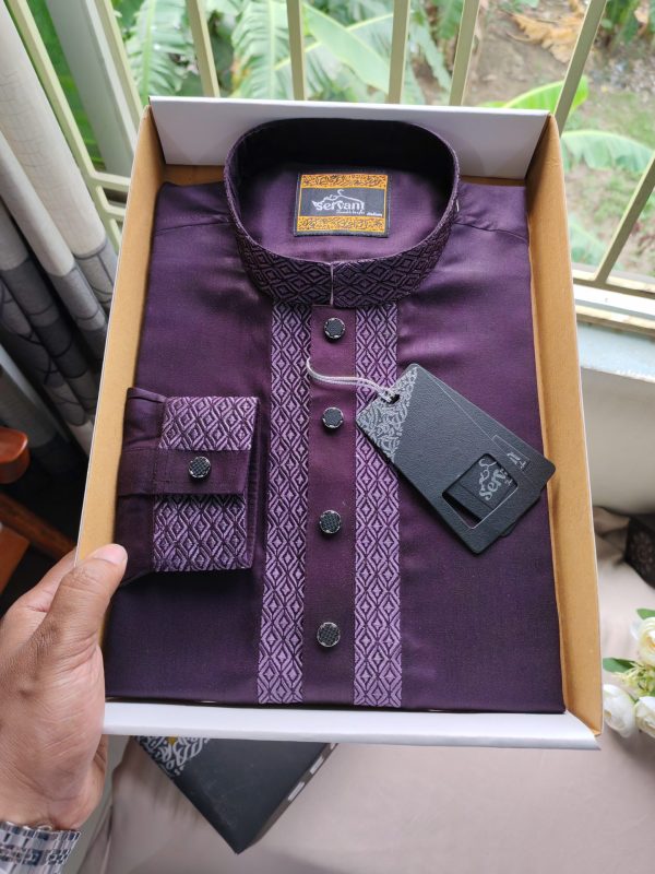 Plum Purple Color Embodary Cuff Panjabi