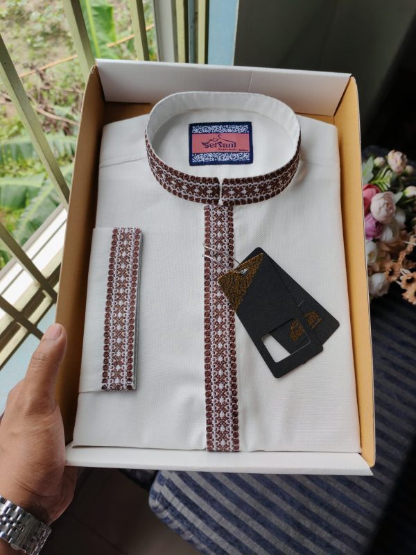 Milk Cream Embroidery Double Plate Premium Panjabi