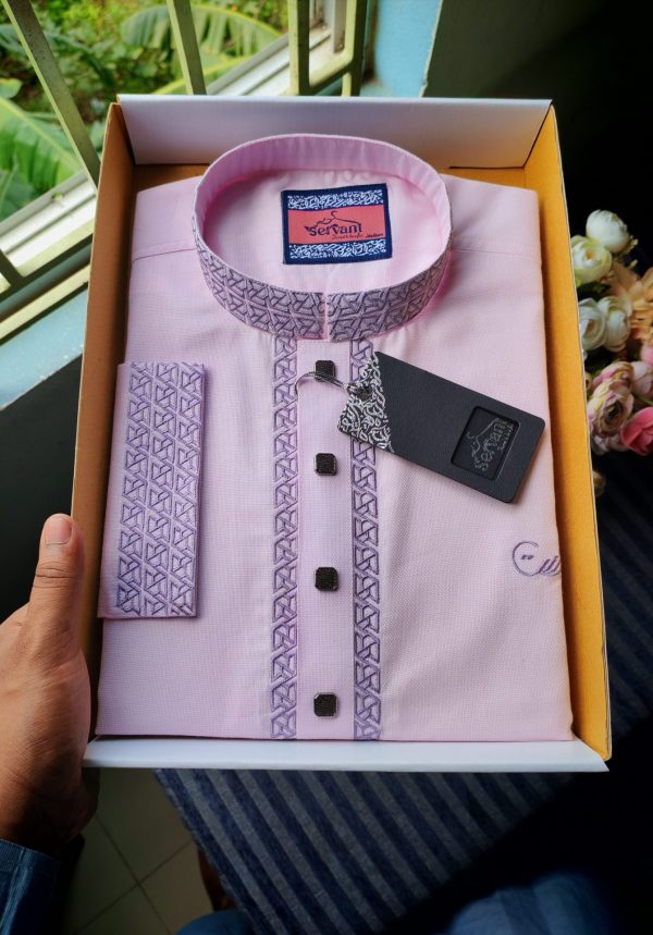 Baby Pink Purple Embroidery Premium Panjabi
