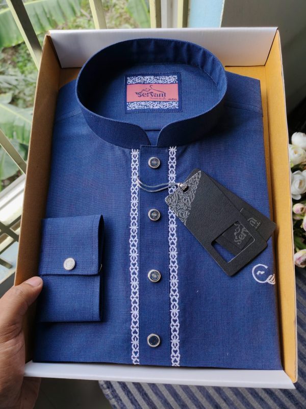 Navy Blue Logo Embroidery Cuff Premium Panjabi