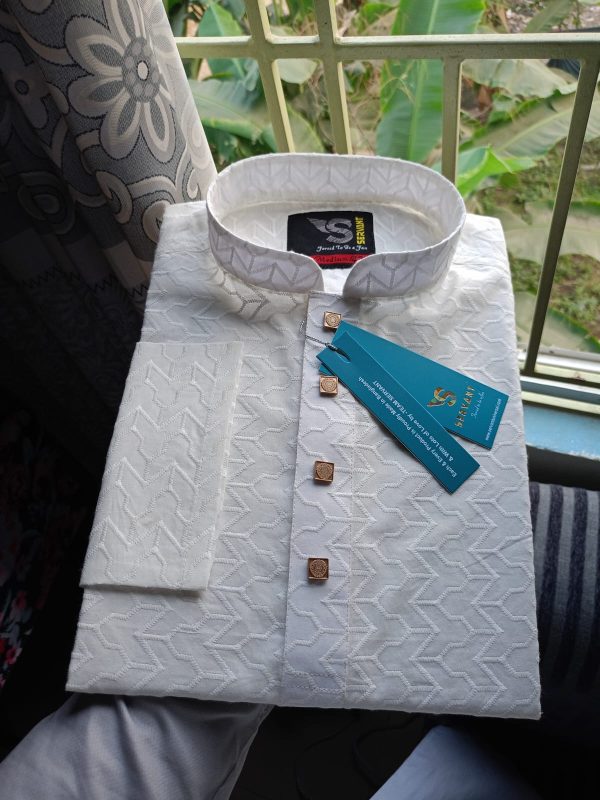 White Angel Vee Design Chicken Cotton Panjabi