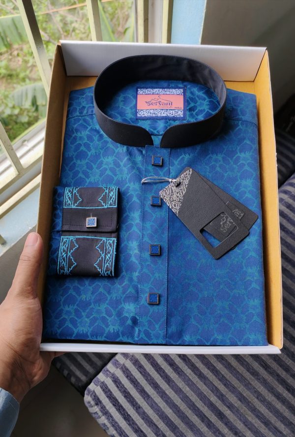 Blue Jacquard Black Cuff Premium Panjabi